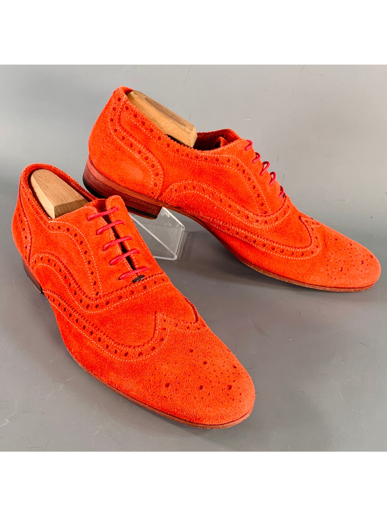Ps By Paul Smith Size 8 Red Orange Perforated Suede Wingtip Lace-Up Shoes